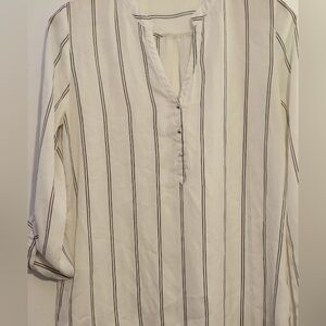 Kim Rogers classic button-down tunic size large black and khaki washed stripes